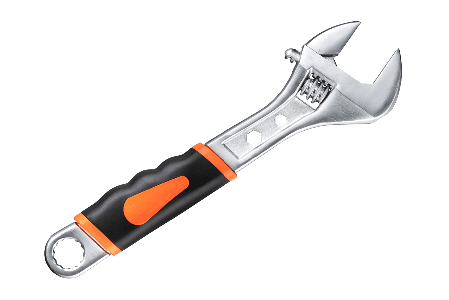 A wrench with a shiny metal head and a black and orange rubber grip. It is designed for adjusting nuts and bolts.