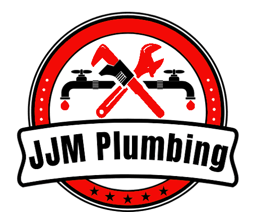 A circular logo featuring a red border with two crossed plumbing tools (a wrench and a pipe wrench) in the center, accompanied by the text "JJM Plumbing" in bold black letters on a white ribbon.