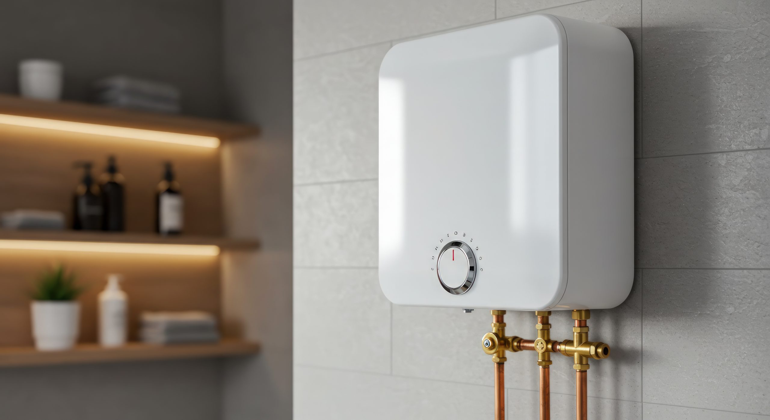 A compact white water heater mounted on a wall, featuring a control dial and connected to copper pipes. A minimalist bathroom shelf with various toiletries is visible in the background.
